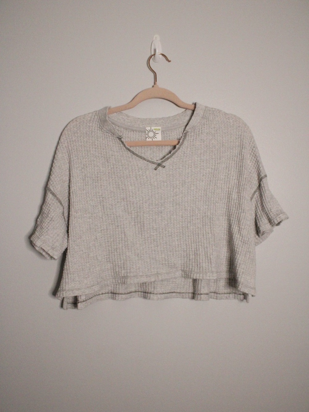 aerie Heather Light Gray Cropped Ribbed Short-Sleeve Top